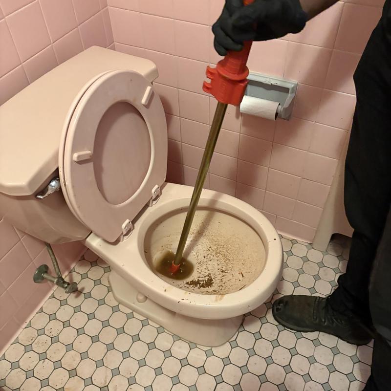 Toilet drain auger clearing clogged toilet bowl Toilet drain auger clearing clogged toilet bowl