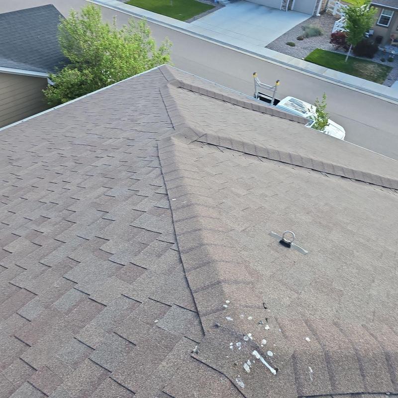 Asphalt shingle roof ridge and valley with ladder access Asphalt shingle roof ridge and valley with ladder access