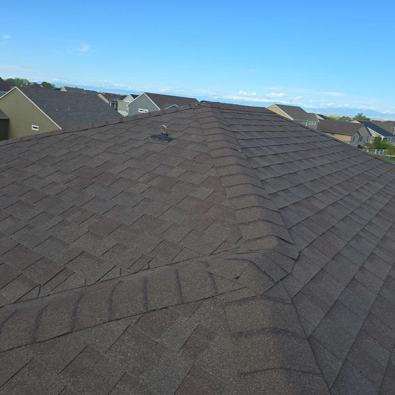 Asphalt shingle roof with intact ridge cap, no damage Asphalt shingle roof with intact ridge cap, no damage