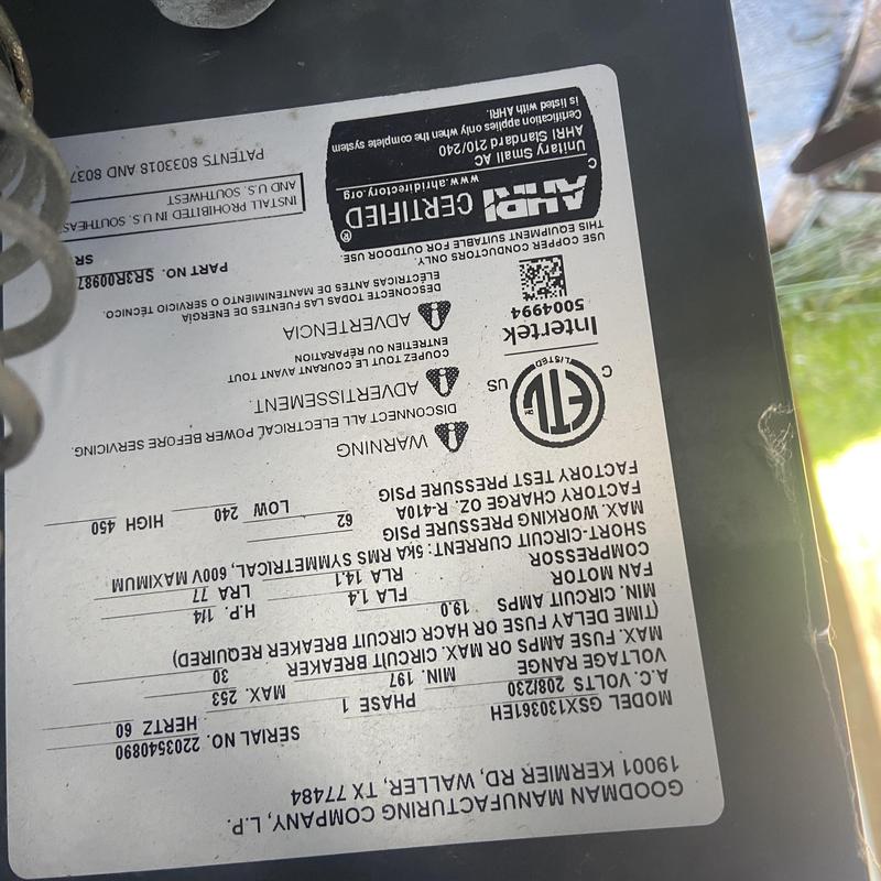 Compressor label on Goodman HVAC unit