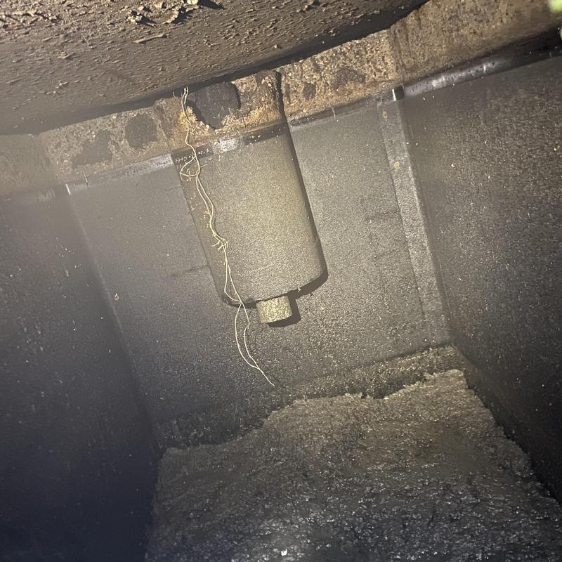 Septic tank inlet baffle with stringy debris inside