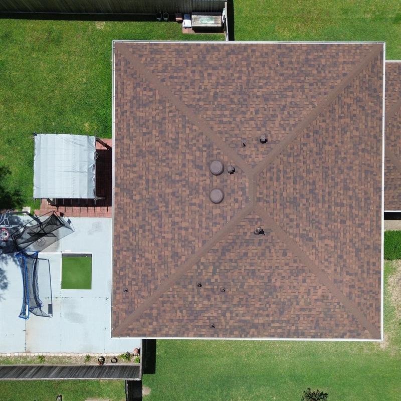 Owens Corning Brownwood shingle roof installed aerial