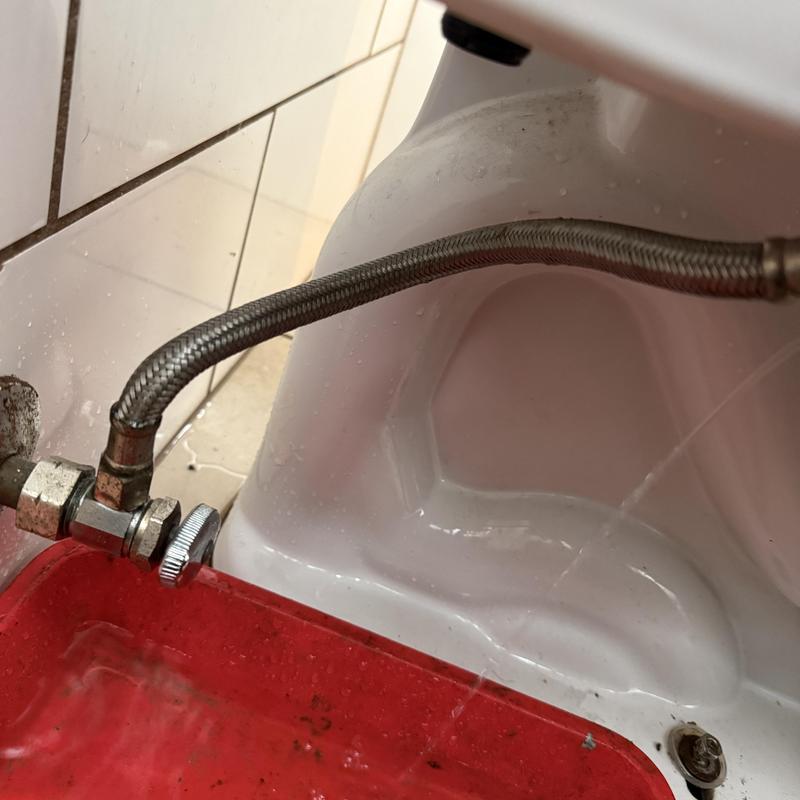 Toilet angle stop and supply line installation with water shutoff Toilet angle stop and supply line installation with water shutoff