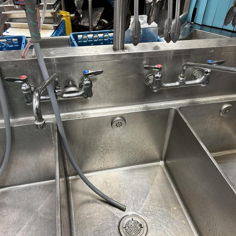 Commercial kitchen faucets and triple stainless steel sink