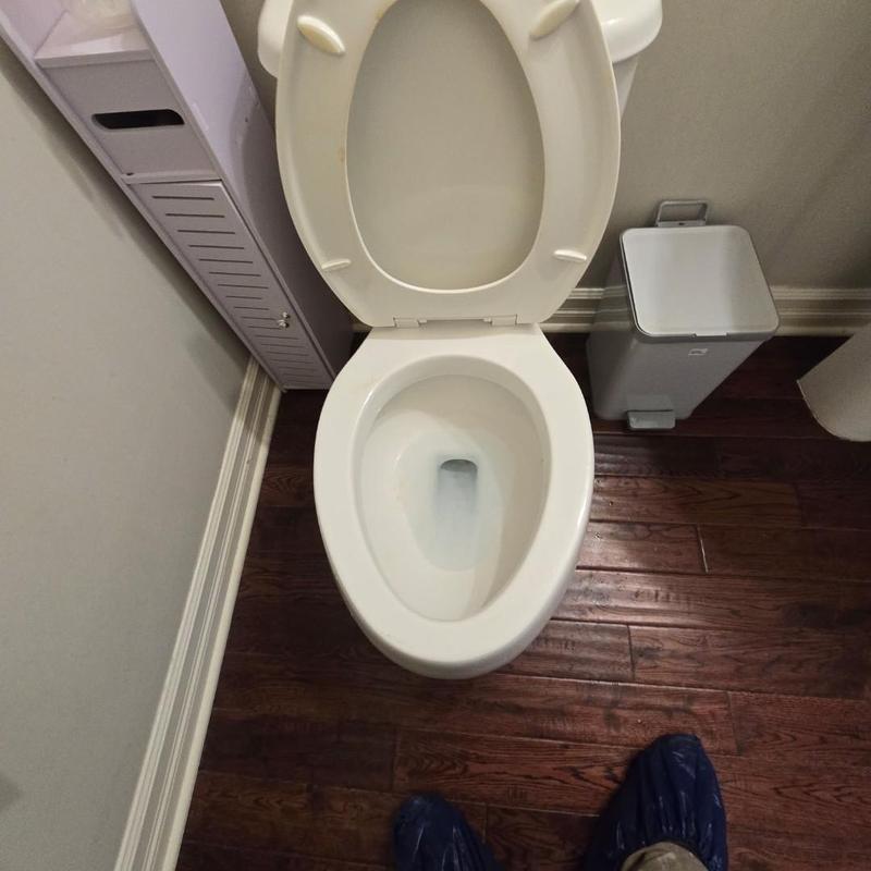 Toilet bowl with open lid in bathroom corner