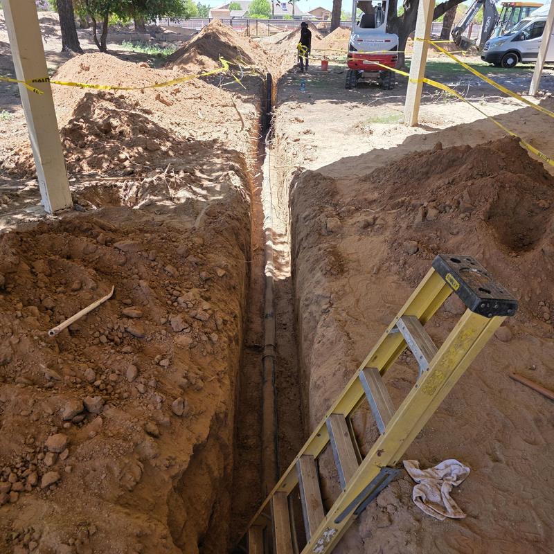 Sewer line trench excavation and pipe installation Sewer line trench excavation and pipe installation