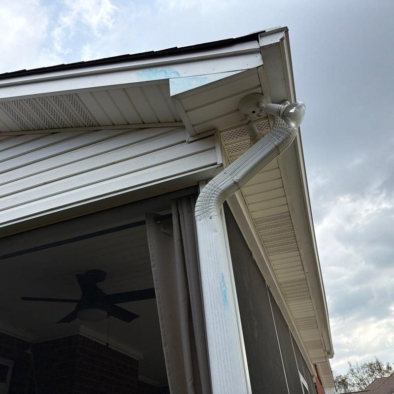Gutter downspout and roof edge with soffit and fascia