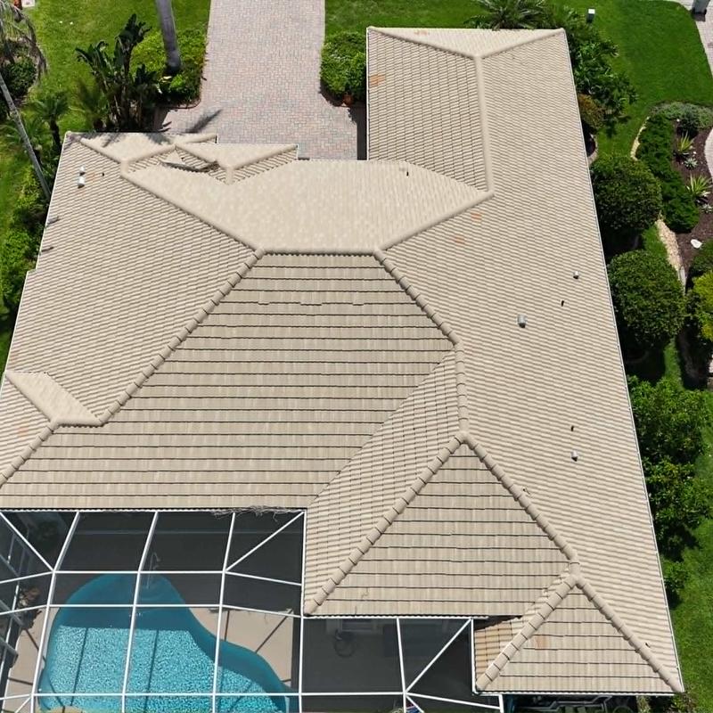 Concrete tile roof with weathering and leak signs