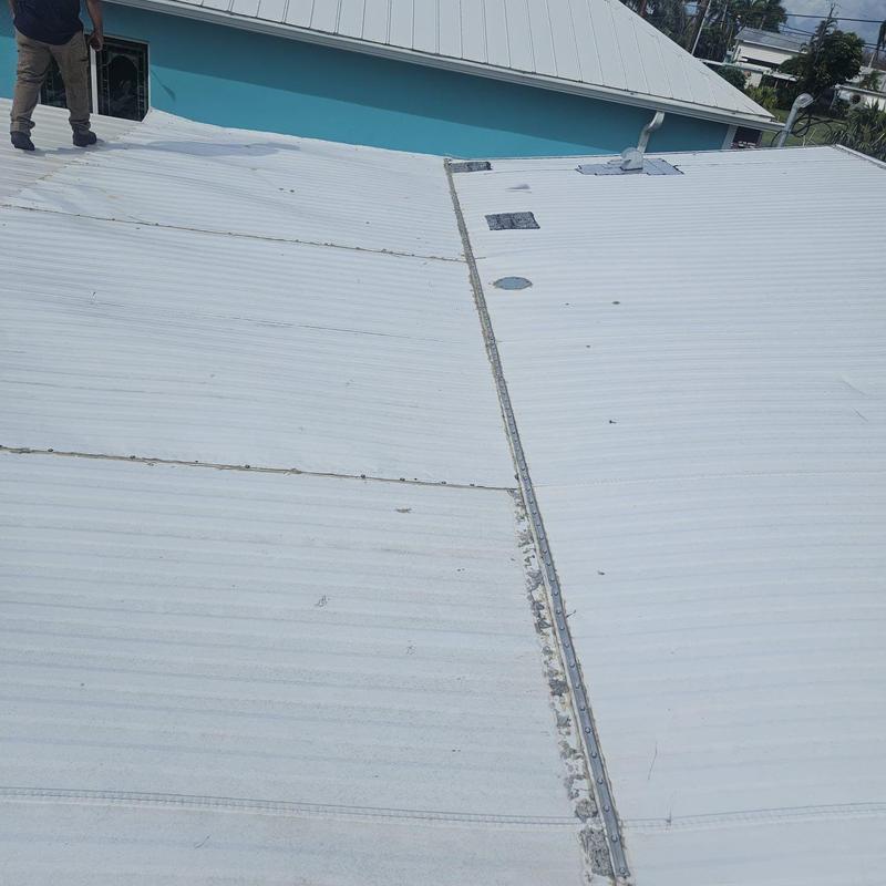 Metal roof panels with rusted seam and damage