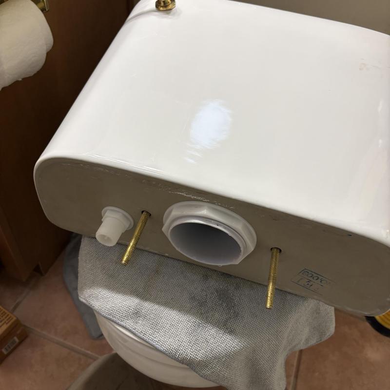 Toilet tank with mounting bolts and flush fitting