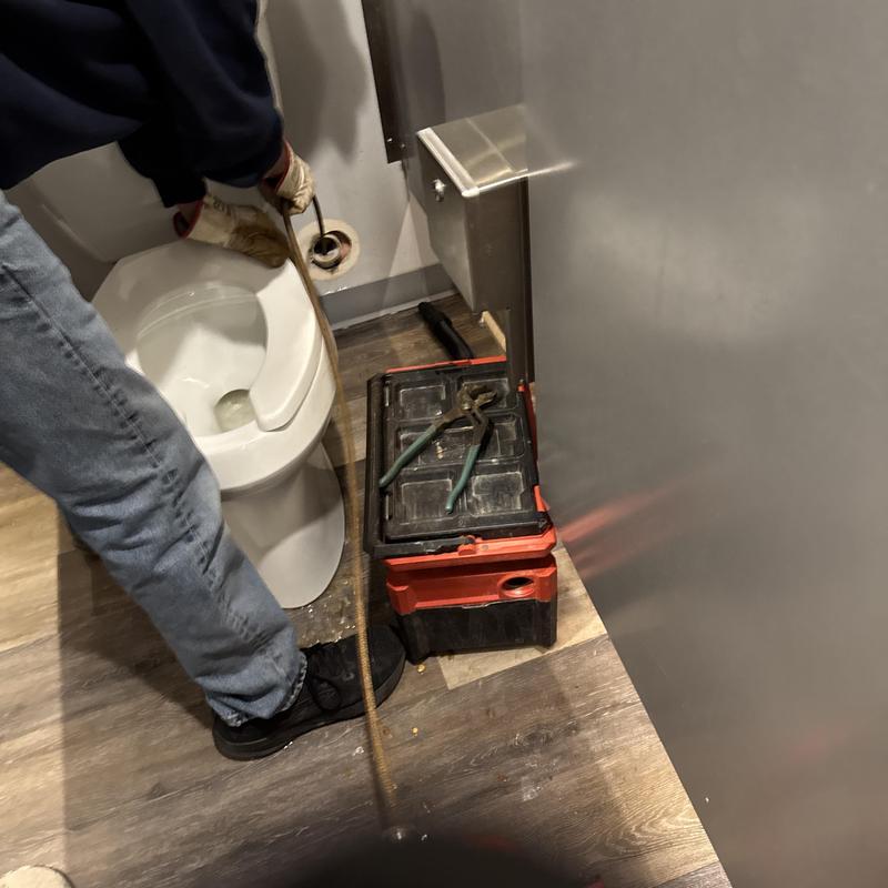Toilet drain line clearing with plumbing snake tool Toilet drain line clearing with plumbing snake tool