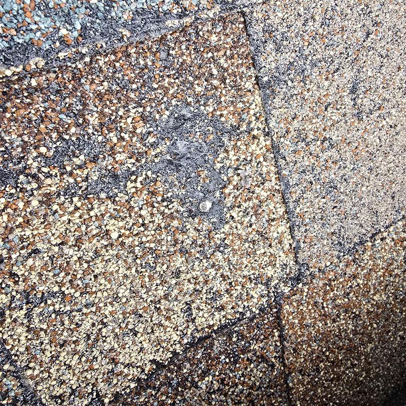 Asphalt shingle with damaged granules and nail exposed Asphalt shingle with damaged granules and nail exposed