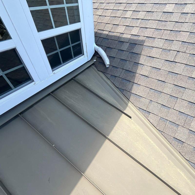 Metal roof section and adjacent shingle roof inspection