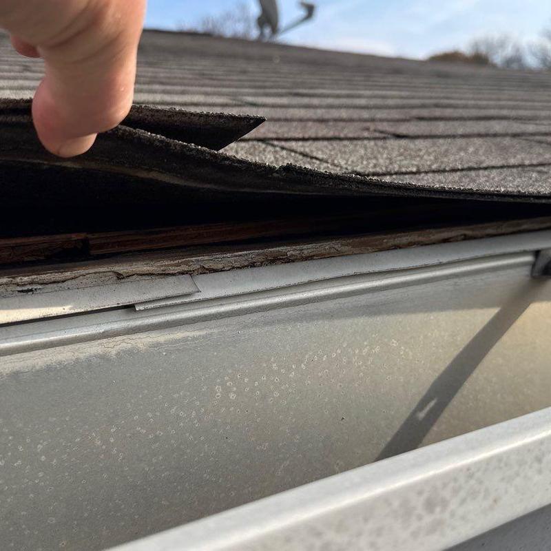 Asphalt shingles lifting at roof edge over gutter system