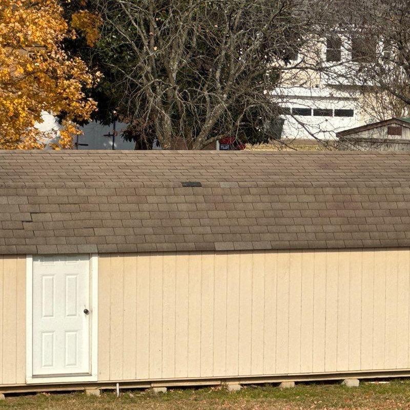 Asphalt shingle roof with hail damage on shed