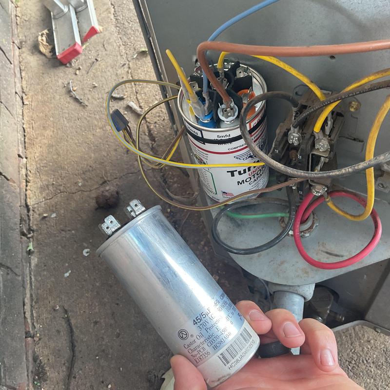 Dual run capacitor replacement in HVAC unit wiring panel Dual run capacitor replacement in HVAC unit wiring panel