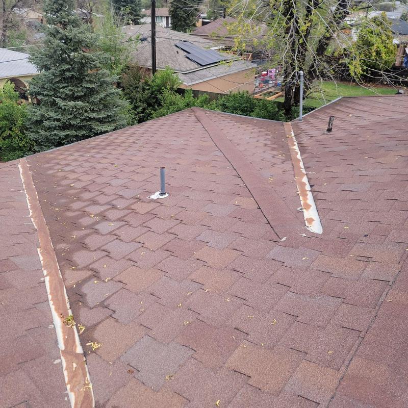 T-lock shingle roof with aged flashing and vents T-lock shingle roof with aged flashing and vents