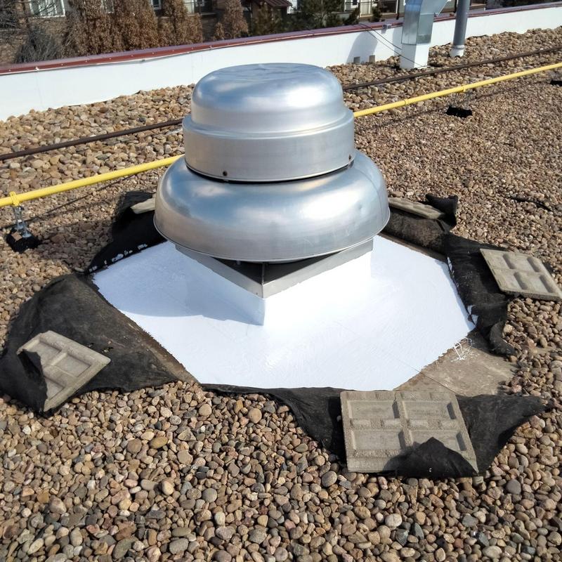 Metal roof vent with EPDM patch and weighted bricks