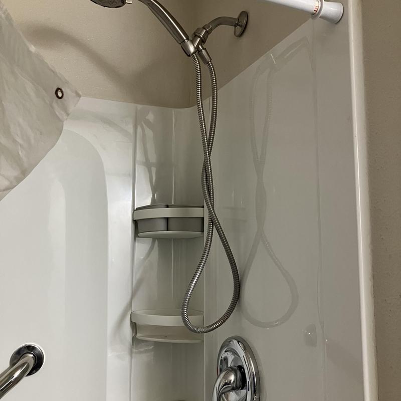 Shower pan and 3-wall surround with handheld showerhead