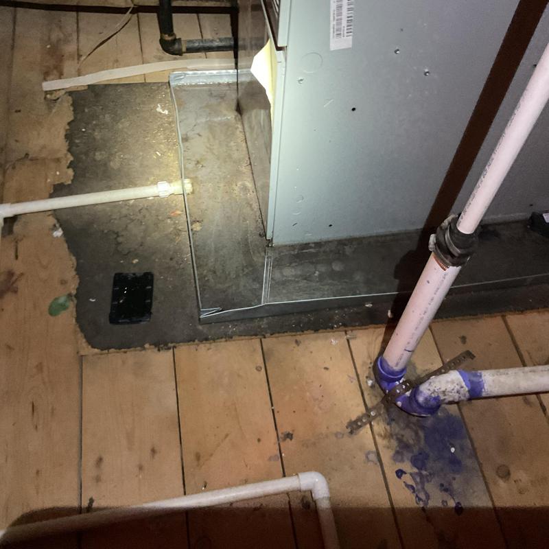 Downstairs HVAC condensate line with unglued PVC joints Downstairs HVAC condensate line with unglued PVC joints