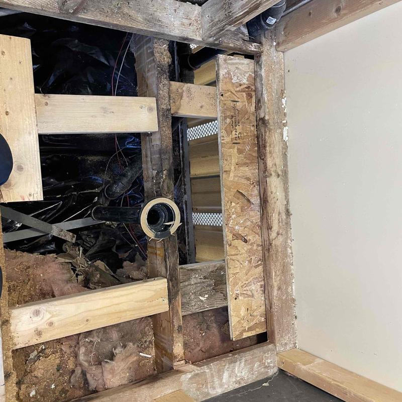 Bathroom drain pipe and subfloor framing repair installation