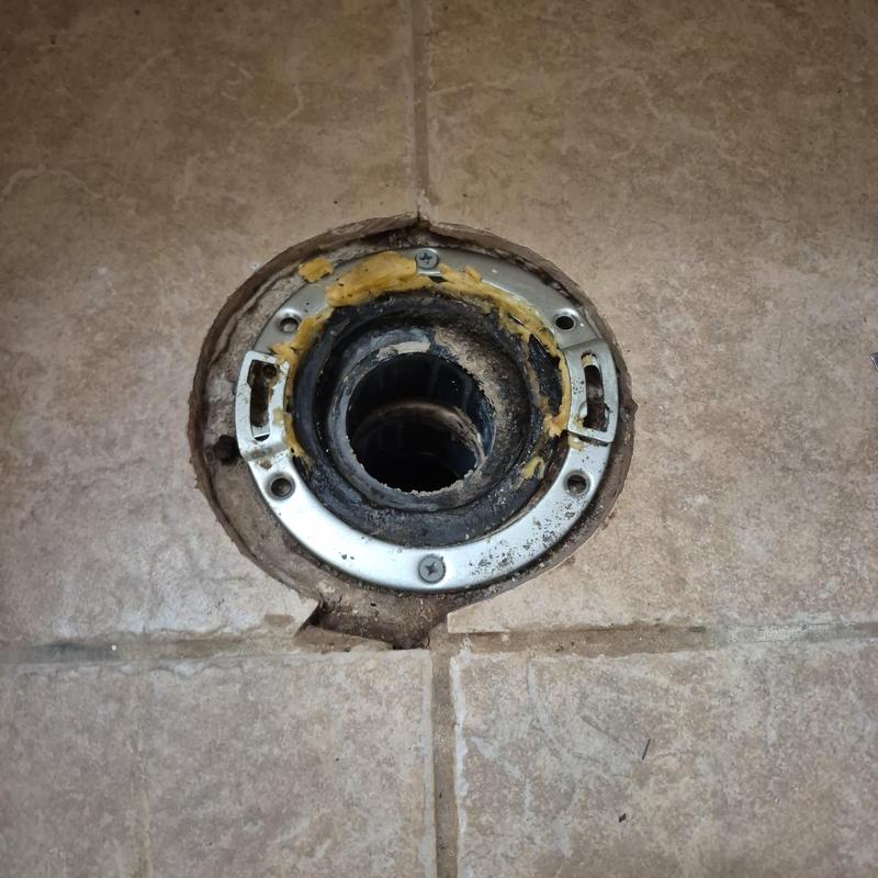 Toilet flange with seal and floor tile around it