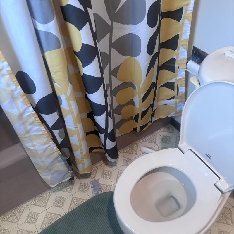 Toilet bowl with open lid near patterned shower curtain