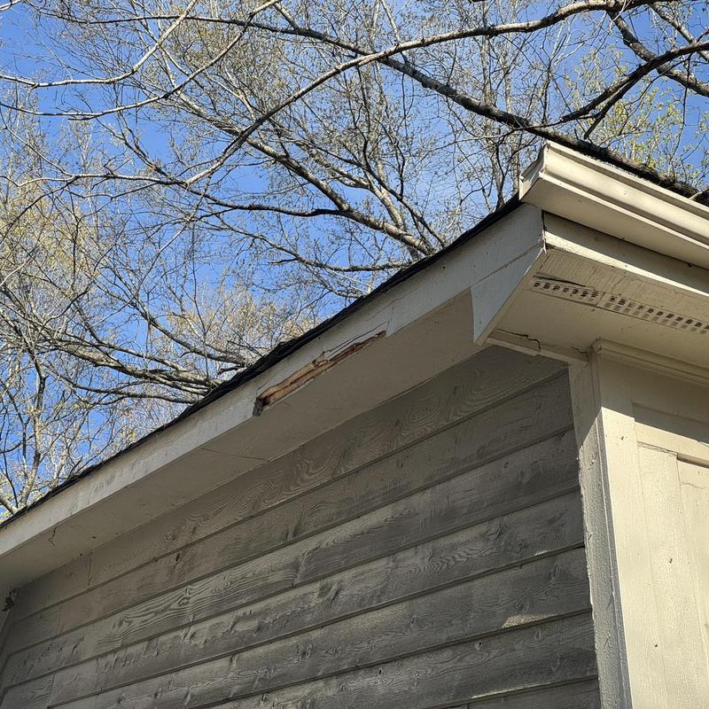 White gutter and damaged fascia board on house corner White gutter and damaged fascia board on house corner