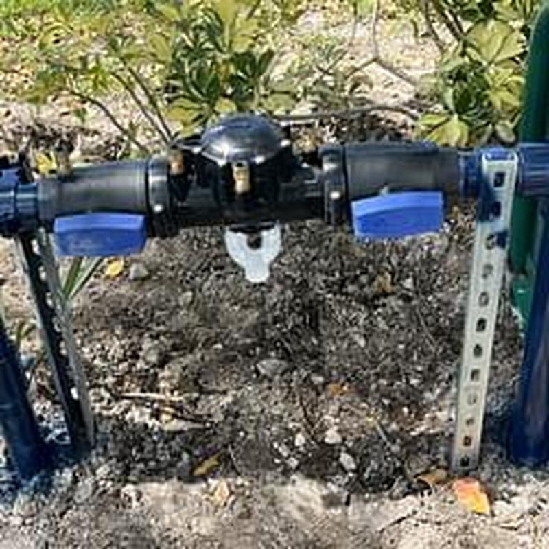 Backflow preventer assembly with blue valves installed outdoors