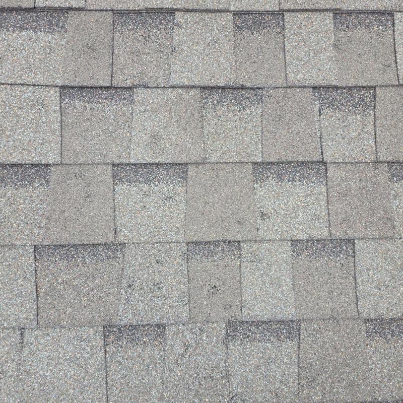 Architectural shingle roof with hail damage and wear