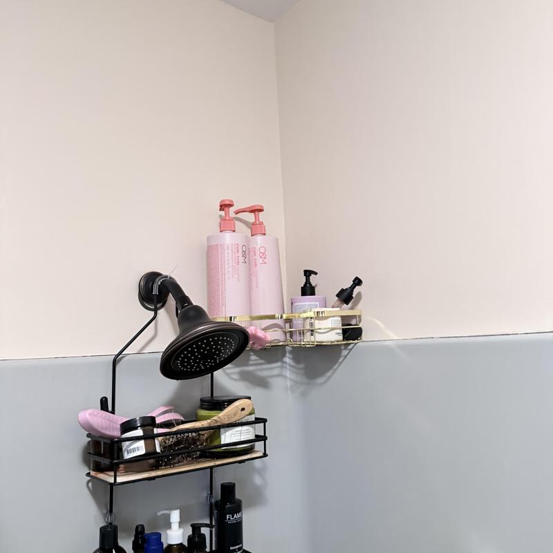 Shower head and arm with wall-mounted storage shelves
