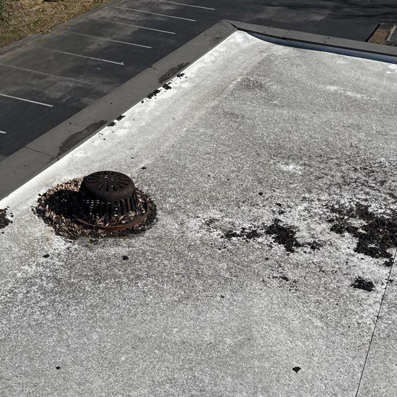 Roof drain and flat roofing surface with debris