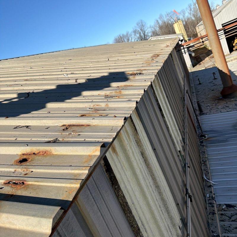 Metal roofing panel with hail and rust damage