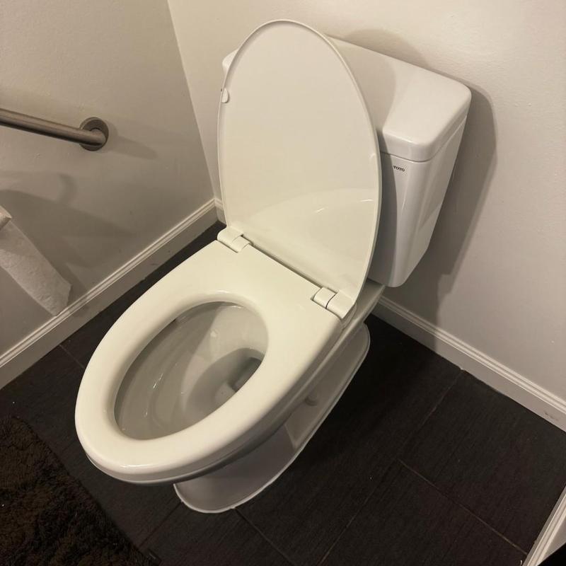 Toilet installation with open lid in residential bathroom