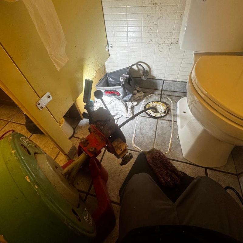 Toilet flange and main line clog snaking in bathroom