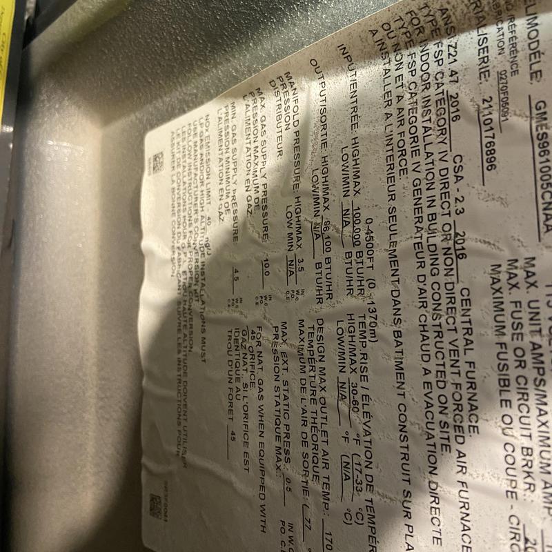 Central furnace specs label with pressure and temperature data