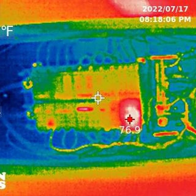 Circuit board thermal image showing heat spots and temperatures Circuit board thermal image showing heat spots and temperatures