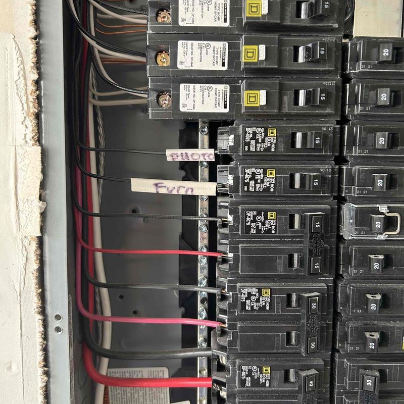 Circuit breaker panel with labeled wiring and breakers Circuit breaker panel with labeled wiring and breakers