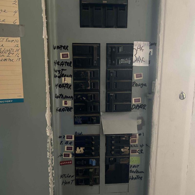 Electrical breaker panel with labeled circuits in home Electrical breaker panel with labeled circuits in home