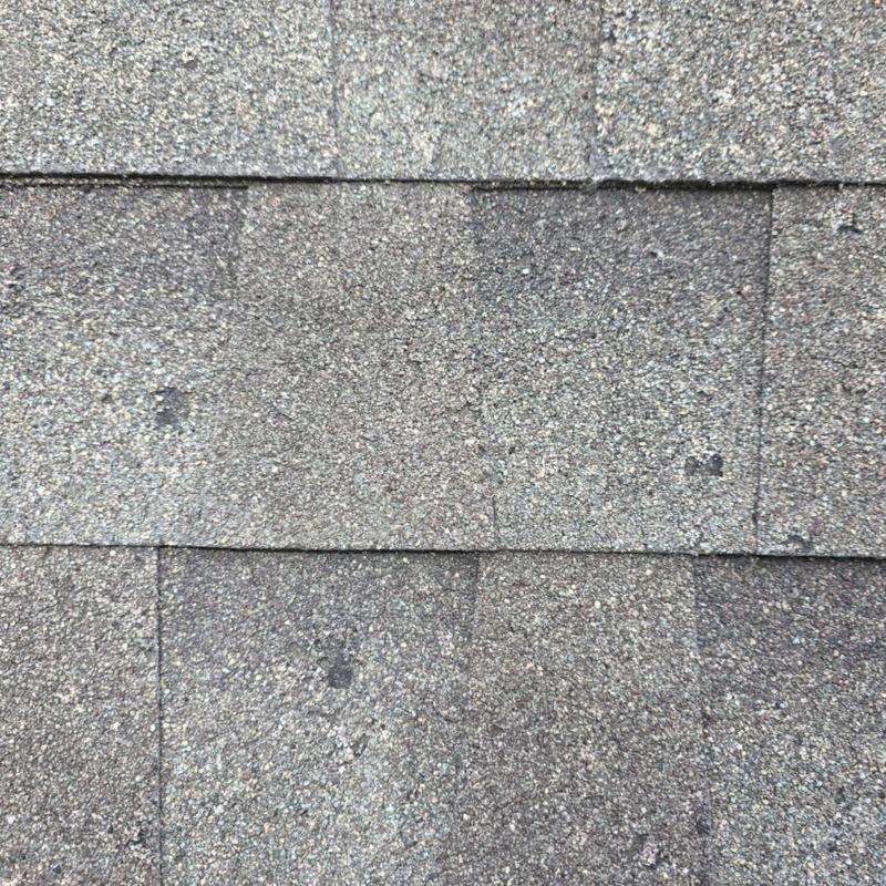 Asphalt roof shingles with hail damage spots