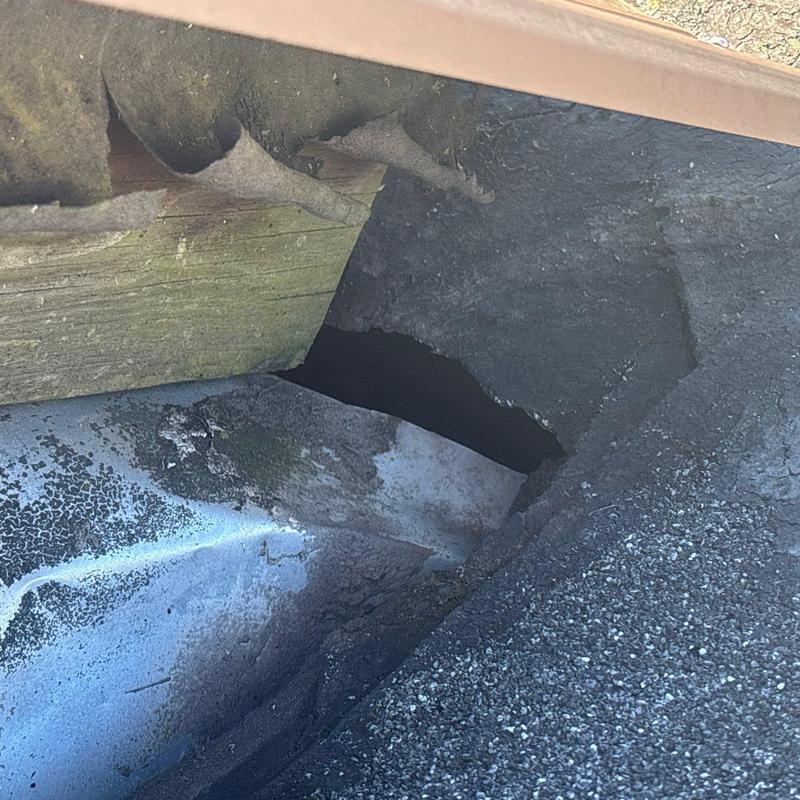 Asphalt shingle roof with damaged ridge vent hole
