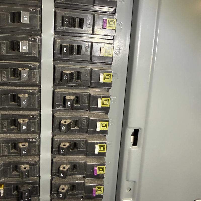 Breaker box panel with multiple GFI breakers installed Breaker box panel with multiple GFI breakers installed