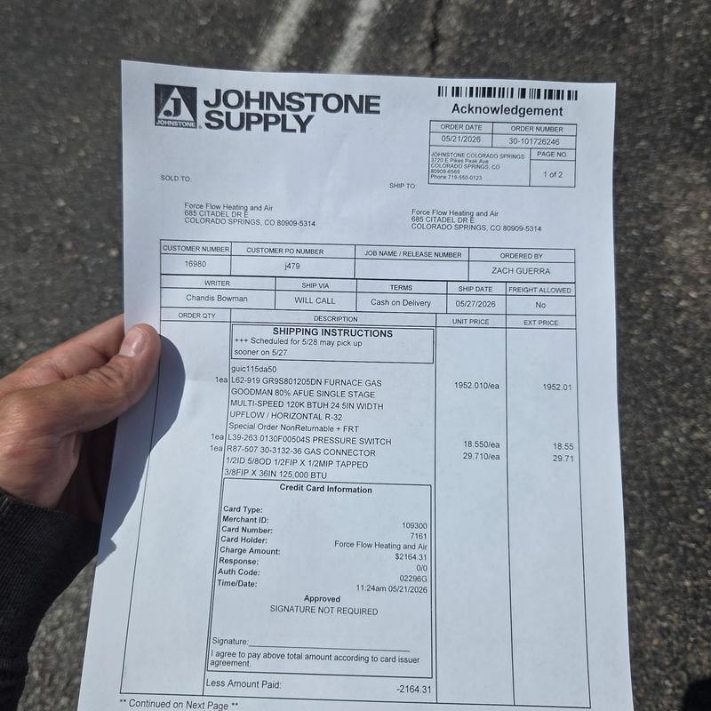 Gas furnace order receipt with shipping details Gas furnace order receipt with shipping details