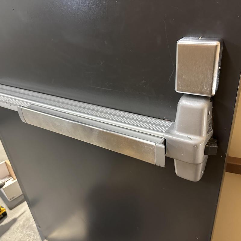 Exit device with commercial keypad trim on door Exit device with commercial keypad trim on door