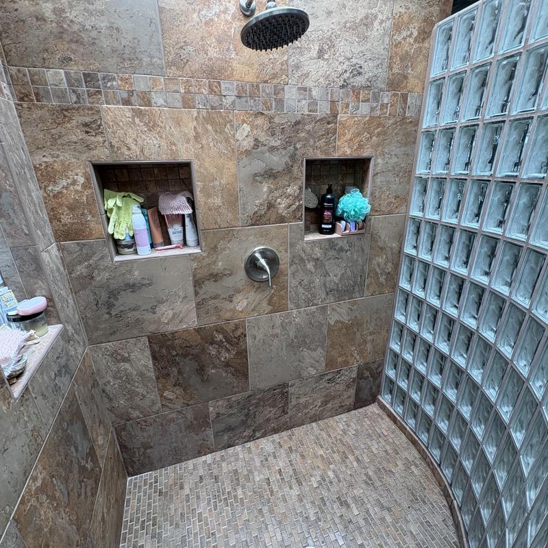 Danze shower cartridge and showerhead in tiled shower