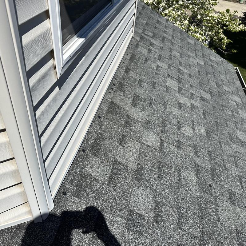 Asphalt shingle roof with caulked exposed nails near siding