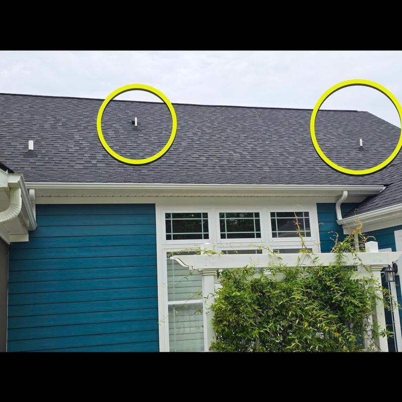 Pipe boots on shingle roof with circled issues