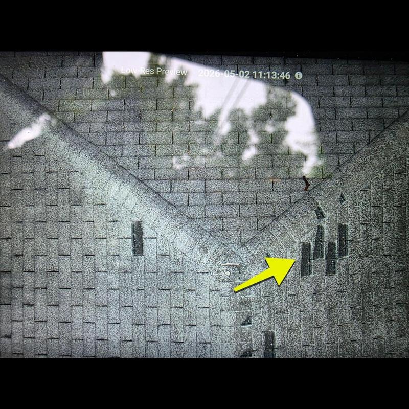 Owens Corning shingle roof drone inspection with damage