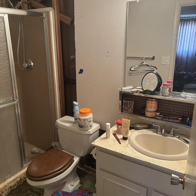 Bathroom sink and toilet with plumbing access panel removed
