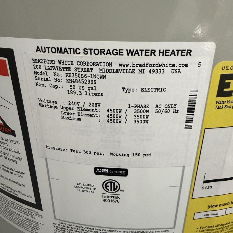 Electric water heater label showing specs and capacity